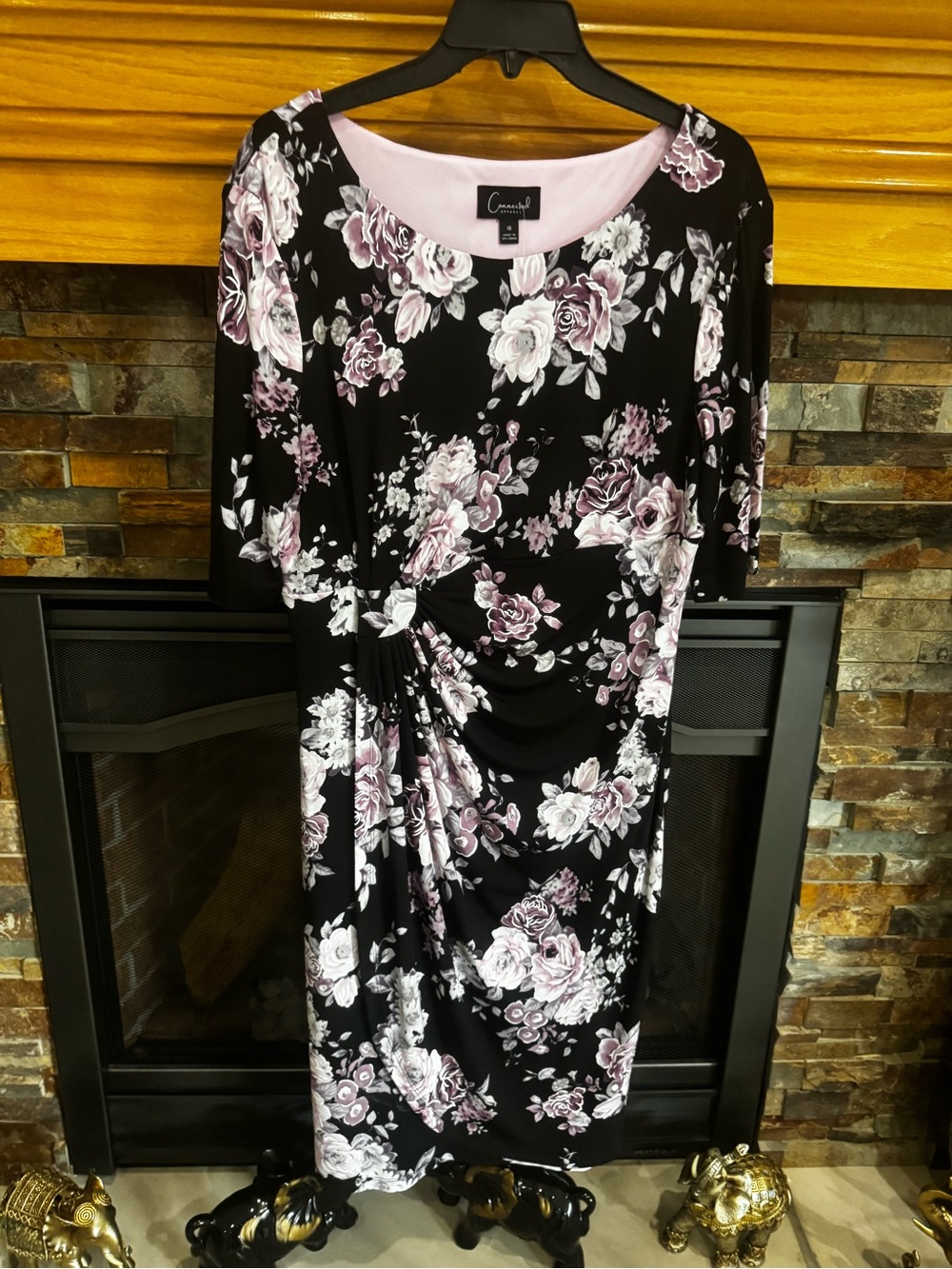 connected apparel Black Midi Dress with Pink and White Floral Print